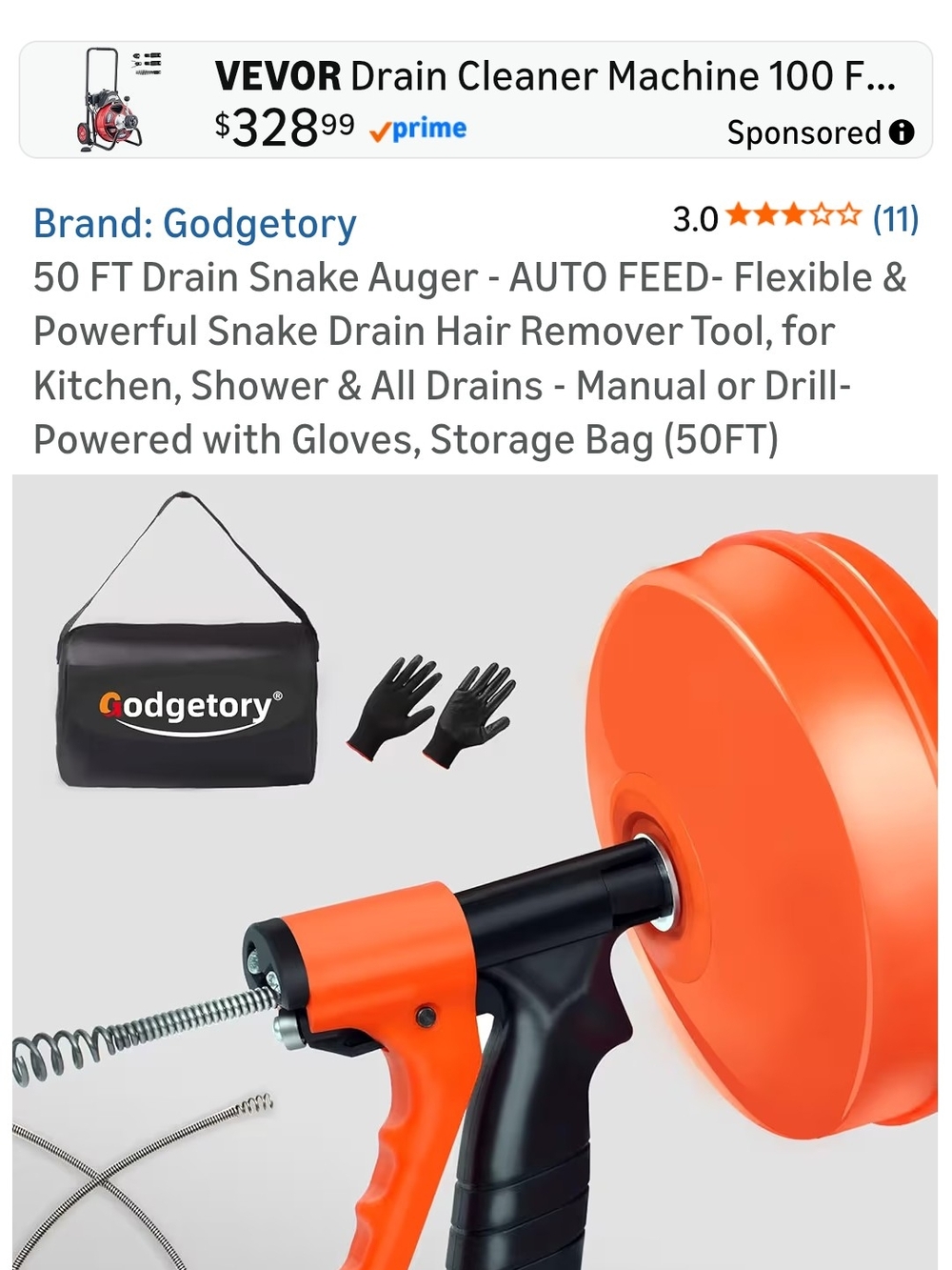 Godgetory 50FT Auto-Feed Drain Snake - Bright Orange